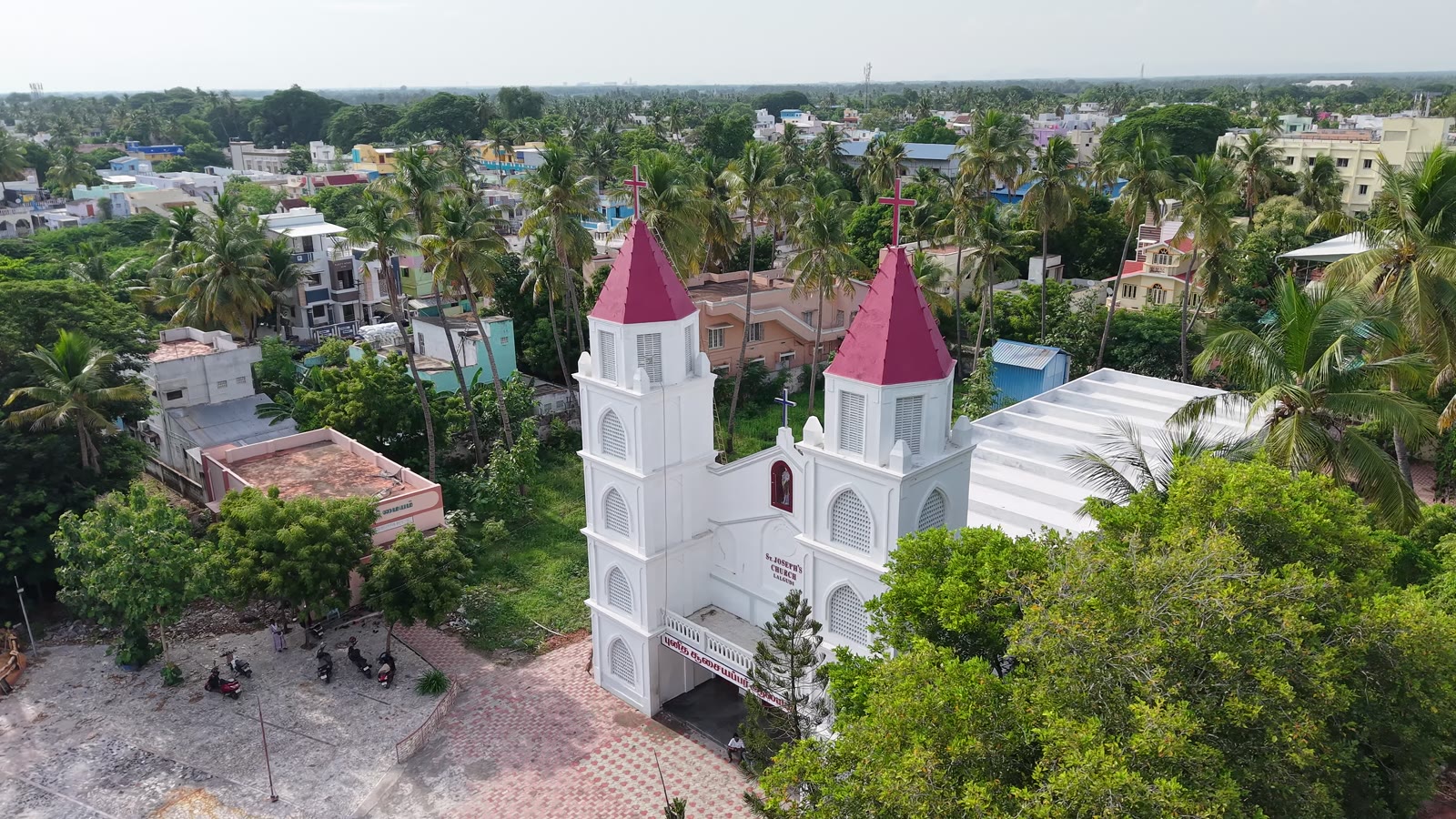 The church courtyard and surrounding streets from above