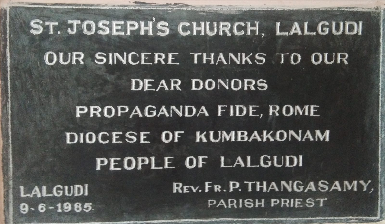 The church's 1985 dedication plaque