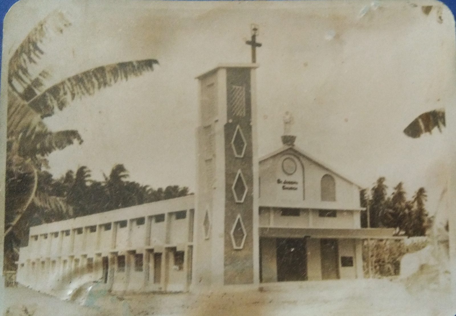 An archival photograph of the original church building