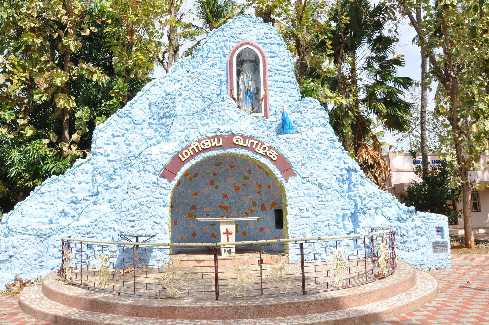 The Our Lady's grotto shrine on the church grounds