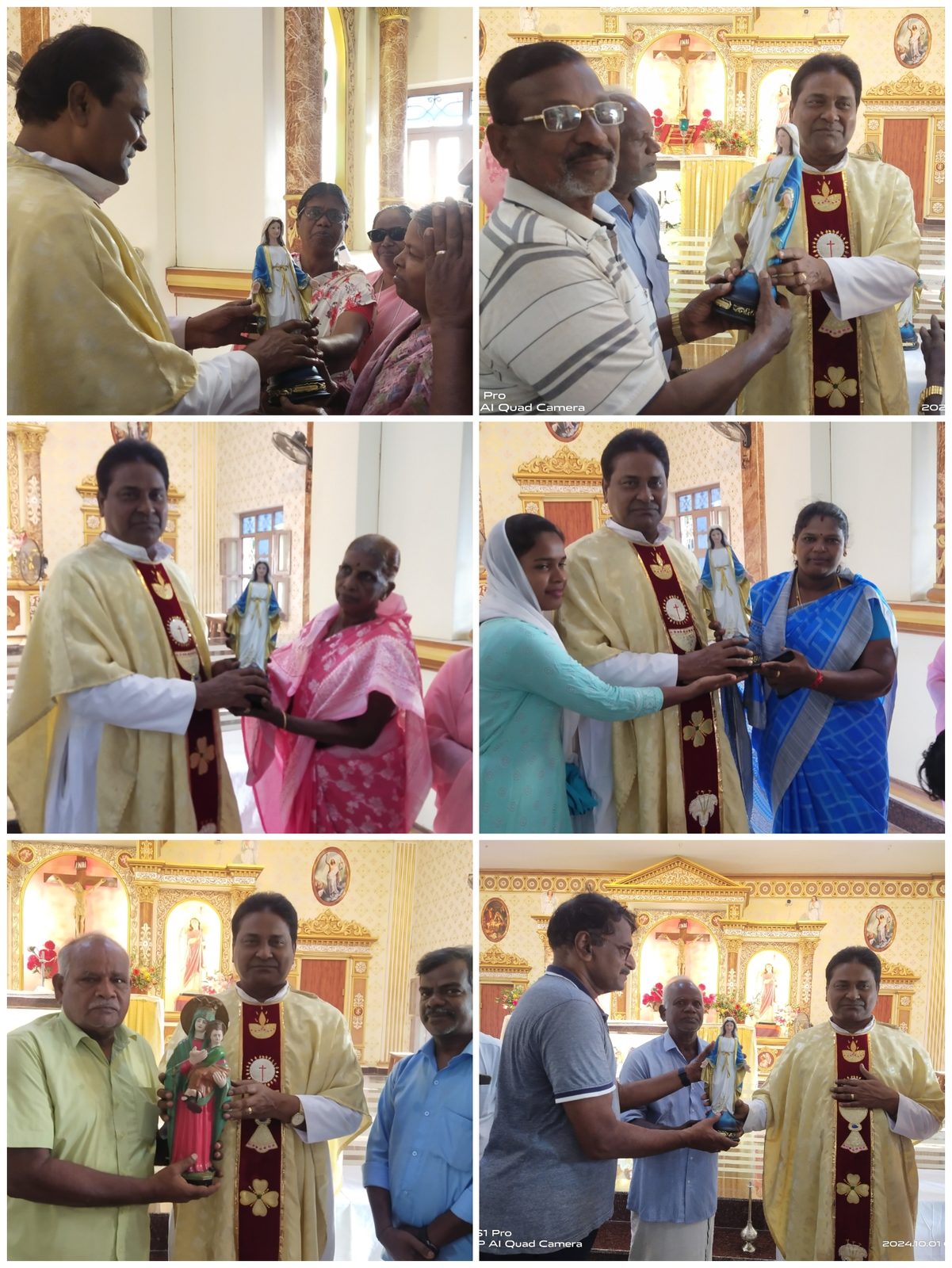 A priest presenting Marian statues to parishioners